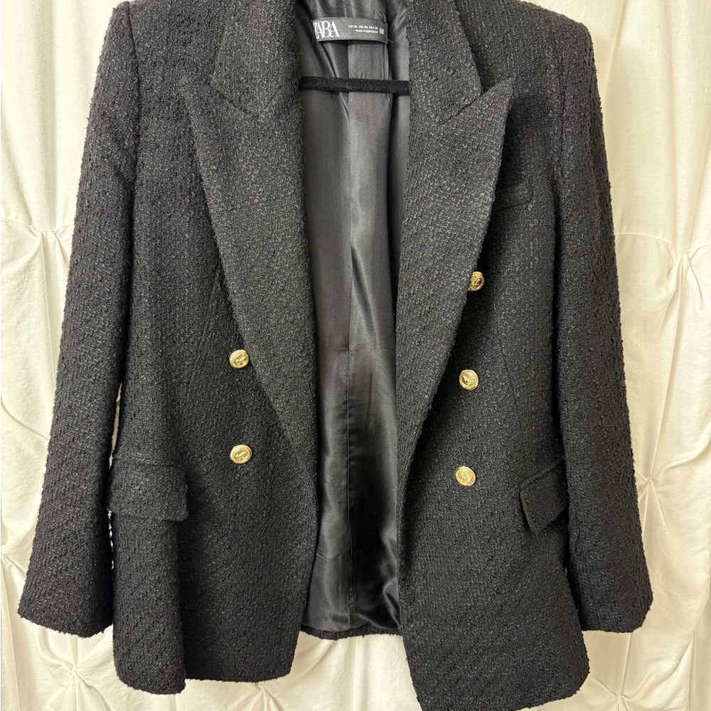 Zara Black Tweed Double-Breasted Blazer with Gold Buttons